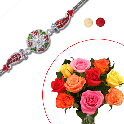 "Rakhi - SIL-6140 A-CODE-120 (Single Rakhi), 12 mixed roses bunch - Click here to View more details about this Product